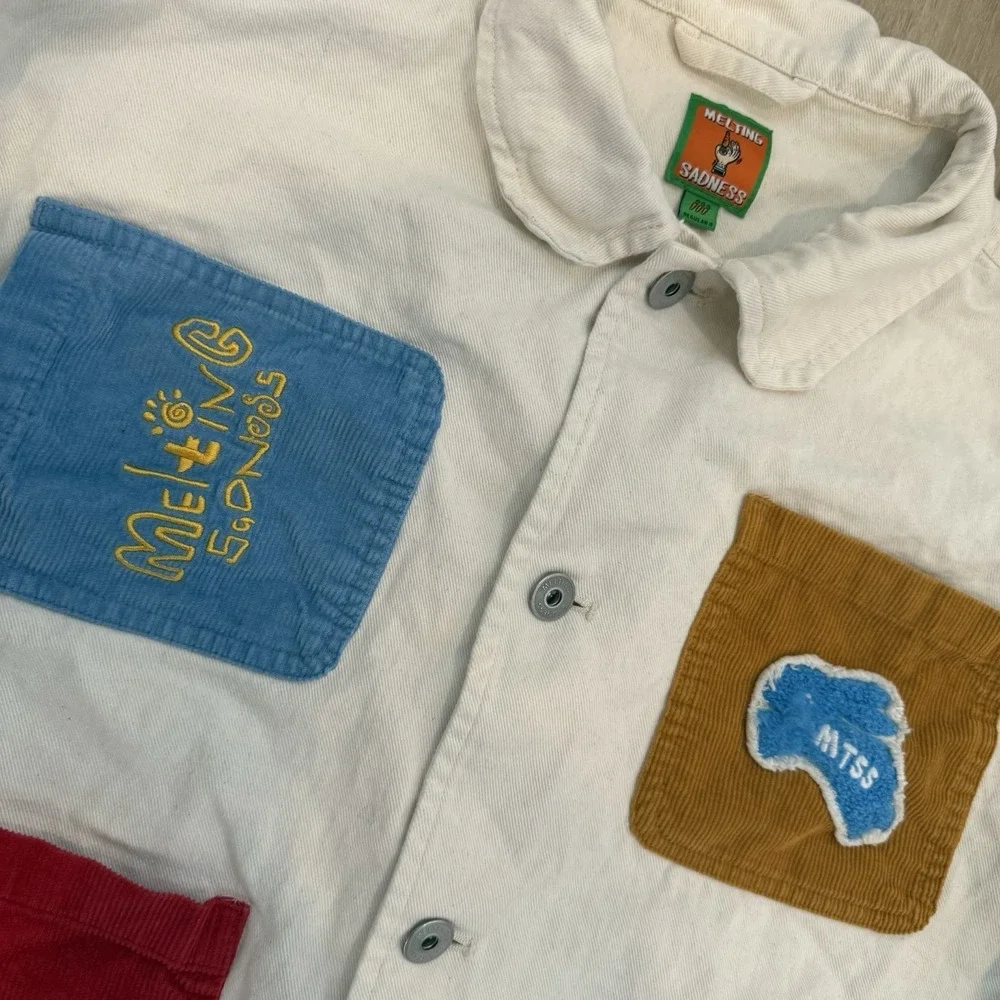 Melting Sadness Cream Button Up Denim Jacket Adult Size Large Corduroy Pockets - Picture 4 of 5